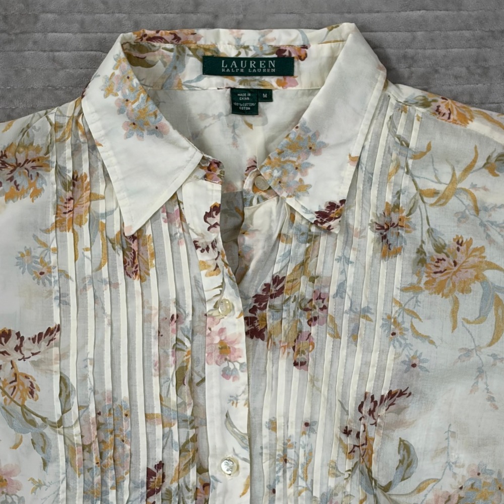 Lauren Ralph Lauren Floral Pintuck Cotton Button Down Shirt Cream Cottagecore M - Picture 3 of 7